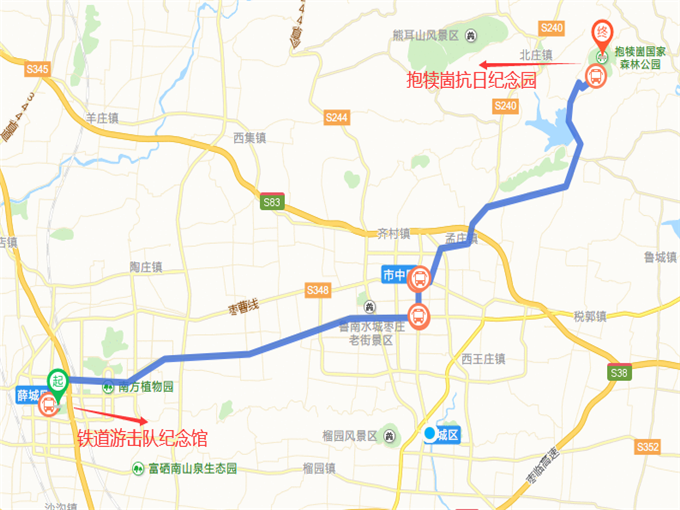 铁道游击队纪念馆到抱犊崮抗日纪念园交通图 铁道游击队纪念馆到抱犊崮抗日纪念园交通图